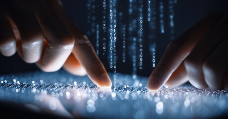 Fingers interact with a digital interface, where code streams downwards, symbolizing data processing or technological interaction.