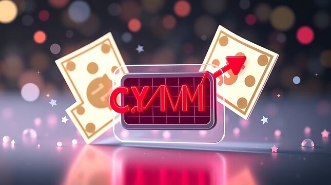 A 3D rendering of a red arrow pointing upward, labeled "CYMM," with two stylized dollar bills behind it, set against a backdrop of twinkling lights