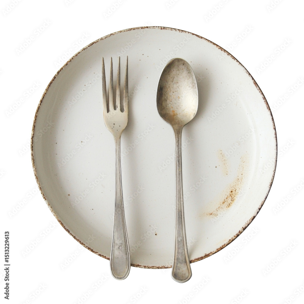 Poster vintage plate with fork and spoon, showcasing rustic charm and simplicity. worn edges and subtle sta