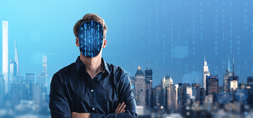 Man with digital binary code face standing in front of futuristi