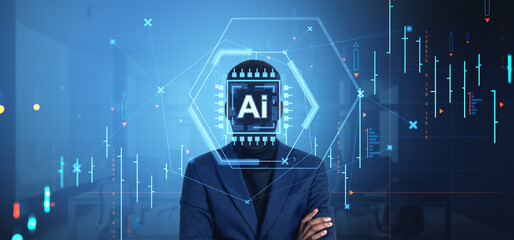 Businessman with AI chip head and digital financial data on dark