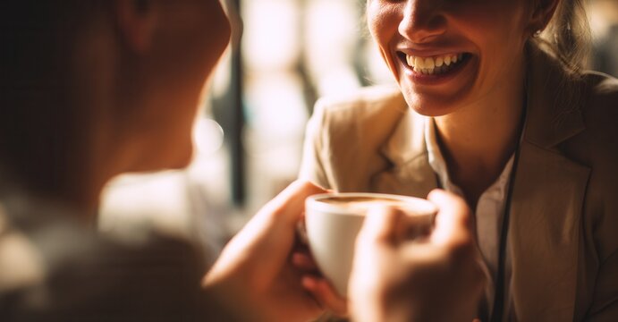 Warm coffee shared between friends creates a moment of joy. The woman smiles bright while holding a cup of joe.