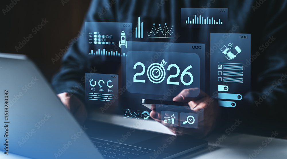 Poster businessman analyzing futuristic 2026 digital data dashboard on tablet screen.