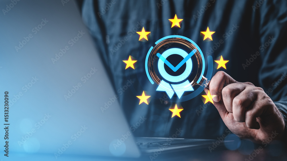 Aufkleber man analyzing digital compliance icon with eu stars on screen using magnifying glass.