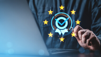 Man analyzing digital compliance icon with EU stars on screen using magnifying glass.