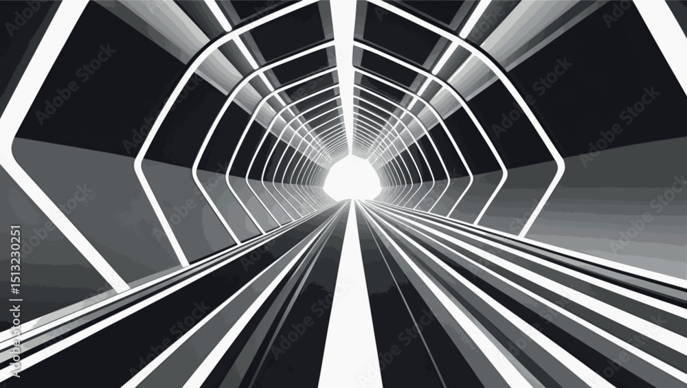 Poster motion tunnel in converging lines. minimalist vector illusion with strong directional movement.