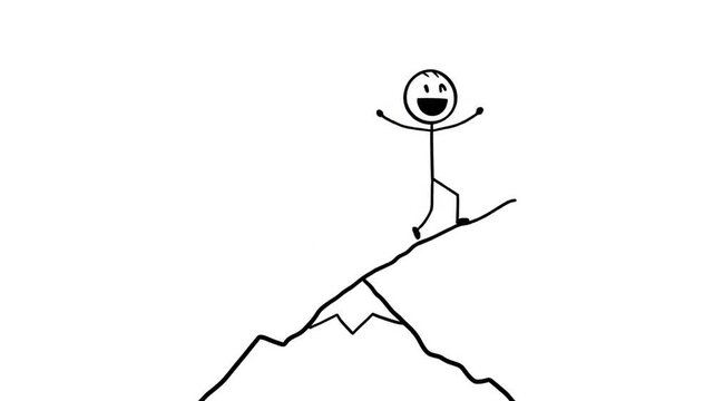 Stick figure triumph on mountain illustration