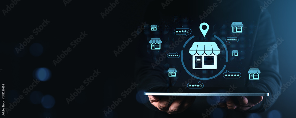 Poster digital marketing concept with local business icons on virtual tablet interface.