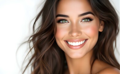 Obraz premium Model, young woman with perfect skin, white smile and long hair on white background with space for text. For advertising dental services, dental care products, cosmetic products 