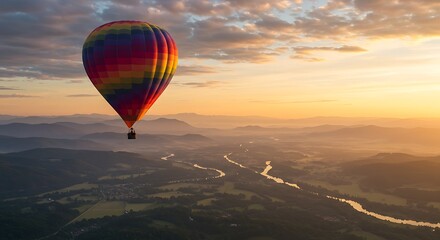 A vibrant, rainbow hot air balloon drifts peacefully over a misty mountain valley and winding river, illuminated by the golden light of sunrise. An awe-inspiring journey begins.