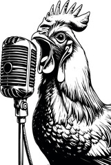 Rock star rooster shouting into microphone – funny vintage engraving vector