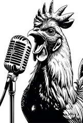 Rock star rooster shouting into microphone – funny vintage engraving vector