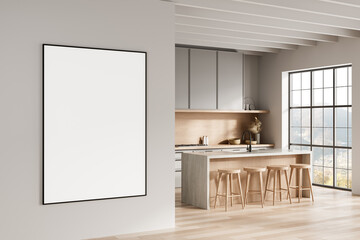 Framed blank poster mockup on white wall in modern bright kitchen interior with wooden accents and minimalist furniture for presentation layout design. 3D Rendering