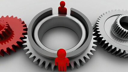 Gears that are coupled and have red figures  collaboration in the business sphere.  Central position is dominated by oversized gear.  idea of antitrust.  Market control, monopolistic regulation, and c