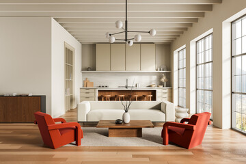Modern open-plan interior with minimalist kitchen and cozy living area featuring red chairs and large windows in natural daylight. 3D Rendering
