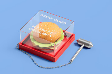 Cheeseburger inside emergency glass case with hammer on chain on blue background, humorous fast food concept art for urgent cravings scenario. 3D Rendering