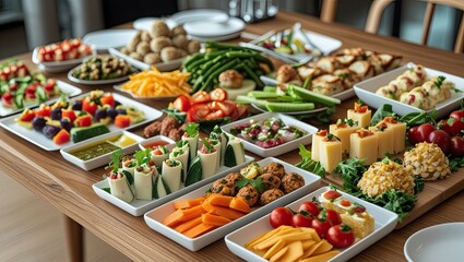 A delectable catered meal package.  Appetizers, vegetables, cheese rolls, and balls are all part of the healthy finger food range.  Delicious nibbles for lunch parties and buffets.  environmentally sa