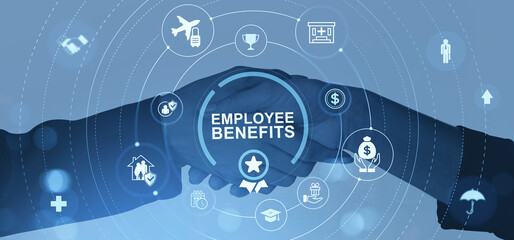 Employee benefits concept with handshake and icons representing rewards, insurance, and perks on a digital blue background interface.