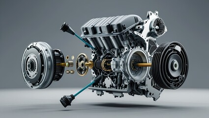 Detailed parts of an electric vehicle motor in an explosion perspective on a gray background.  An eco-friendly automotive engine rendered in three dimensions.  cutting-edge electric car motor technolo