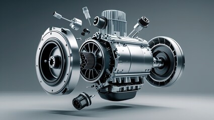 Detailed parts of an electric vehicle motor in an explosion perspective on a gray background.  An eco-friendly automotive engine rendered in three dimensions.  cutting-edge electric car motor technolo