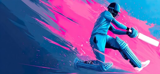 A dynamic vector illustration of a cricket batsman in action, showcasing speed, power, and motion with bold blue tones and striking design elements.