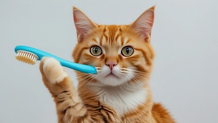A close-up of an adorable ginger cat on a white background, holding a toothbrush.  Encourage the oral health of your pet.  Concepts for pet owners regarding tooth cleaning, animal care, and domestic c
