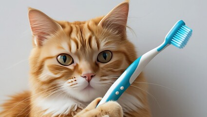 A close-up of an adorable ginger cat on a white background, holding a toothbrush.  Encourage the oral health of your pet.  Concepts for pet owners regarding tooth cleaning, animal care, and domestic c