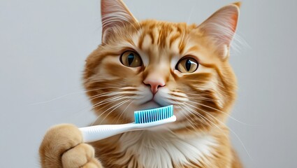 A close-up of an adorable ginger cat on a white background, holding a toothbrush.  Encourage the oral health of your pet.  Concepts for pet owners regarding tooth cleaning, animal care, and domestic c