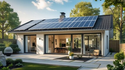 An eco-friendly, energy-efficient single-family home in Germany with solar panels on the roof.  Modern exterior design featuring a patio and a planted garden.  sustainable lifestyle,