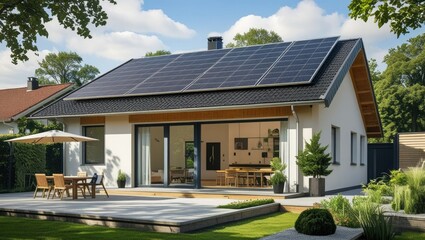 An eco-friendly, energy-efficient single-family home in Germany with solar panels on the roof.  Modern exterior design featuring a patio and a planted garden.  sustainable lifestyle,
