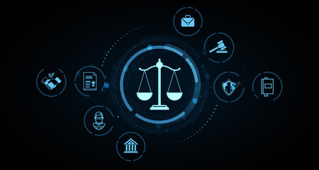 Digital law and justice concept with legal icons including scales, gavel, and contract symbols on...