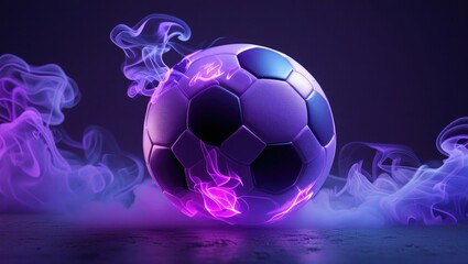 An depiction of a football ball in neon purple luminous smoke in three dimensions.  Modern sports theme, futuristic design, high degree of energy, advertising concept, and game promotion