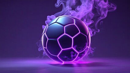An depiction of a football ball in neon purple luminous smoke in three dimensions.  Modern sports theme, futuristic design, high degree of energy, advertising concept, and game promotion