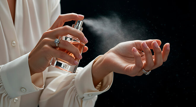 Woman spraying perfume on her wrist. The art of perfume application. Close-up of hands on black background