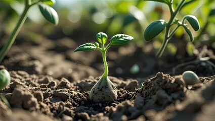 A close-up of a baby tomato seedling growing out of the ground.  New life, a tiny green sprout that grows in the sun.  Concepts related to botany, gardening, growth, agriculture, environment, and ecol