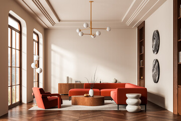 Modern minimalist interior with red furniture, wooden flooring, and large windows in warm sunlight. Contemporary living room design inspiration. 3D Rendering