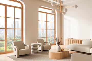 Modern minimalist living room interior with large wooden-framed windows, neutral furniture and natural light over a city park view. 3D Rendering