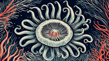 Sea anemone in linocut. Retro marine vector with organic tentacle flow and radial texture.