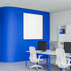 Modern office interior with white blank square poster mockup on curved blue wall near workstations and chairs in clean contemporary workspace.. 3D Rendering