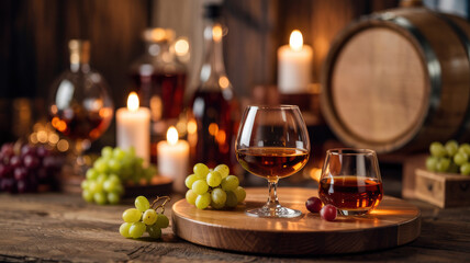 Fototapeta premium An advertising photo that conveys the essence of top-quality cognac. The photo shows a glass of cognac surrounded by grapes, oak barrels and candles. The background is slightly blurred.
