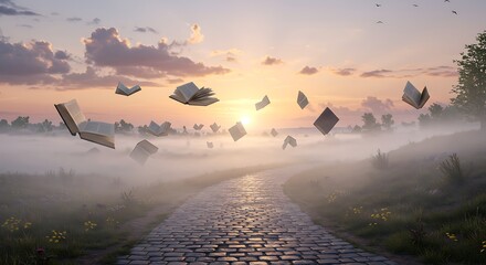 Floating Books on Cobblestone Road