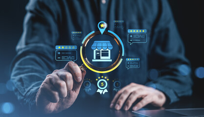 Customer review analysis with digital feedback icons and store symbol concept.