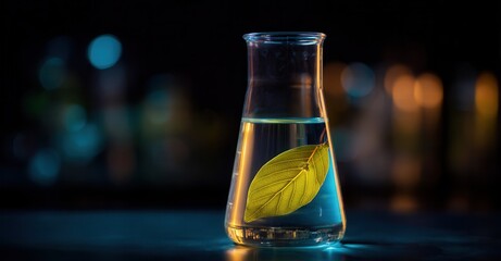 Leaf in flask, scientific research and development. Alternative natural energy concept, organic chemistry, sustainable science laboratory.
