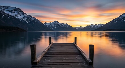Obraz premium Wooden Dock on Lake at Sunset with Mountains