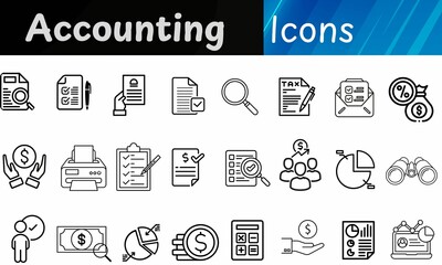 Accounting set of web icons in line style. Accounting and audit icons for web and mobile app.. tax return, accounting, auditing, inspection ,Containing finance report and audit, invoice and more.
