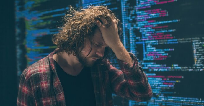 Overwhelmed coder stares at complex code on screen, hand to head, expressing frustration in dim lighting, reflecting intense coding session.