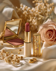 Luxurious lipstick on smooth ivory surface, surrounded by delicate flowers and elegant decor, evokes sense of beauty and sophistication