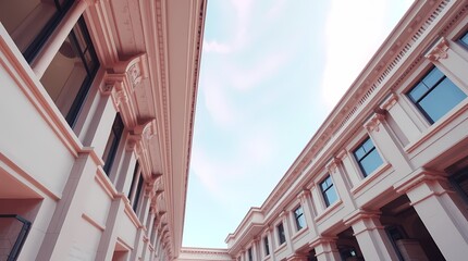 Low angle view of two light beige buildings with classical architecture, columns, and ornate details, meeting in a courtyard, against a partly cloudy blue sky