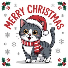 Gray tabby cat wearing a Christmas hat and scarf is ready to celebrate holiday