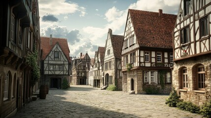 Medieval European Village Street Scene: Charming Old Town Architecture